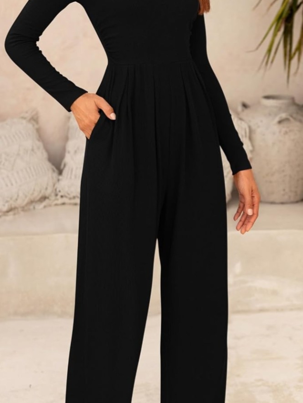 High-Rise Black Wide-Leg Jumpsuit Pants for Women XL